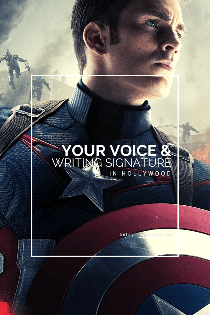Pinterst Pin. Featuring a promo image from the movie Avengers: Age of Ultron. Reads, "Your voice and writing signature in Hollywood."