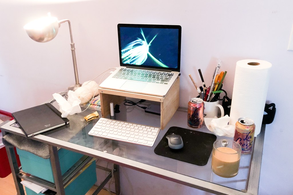 The post-author's messy desk. It's hard to get any work done here!